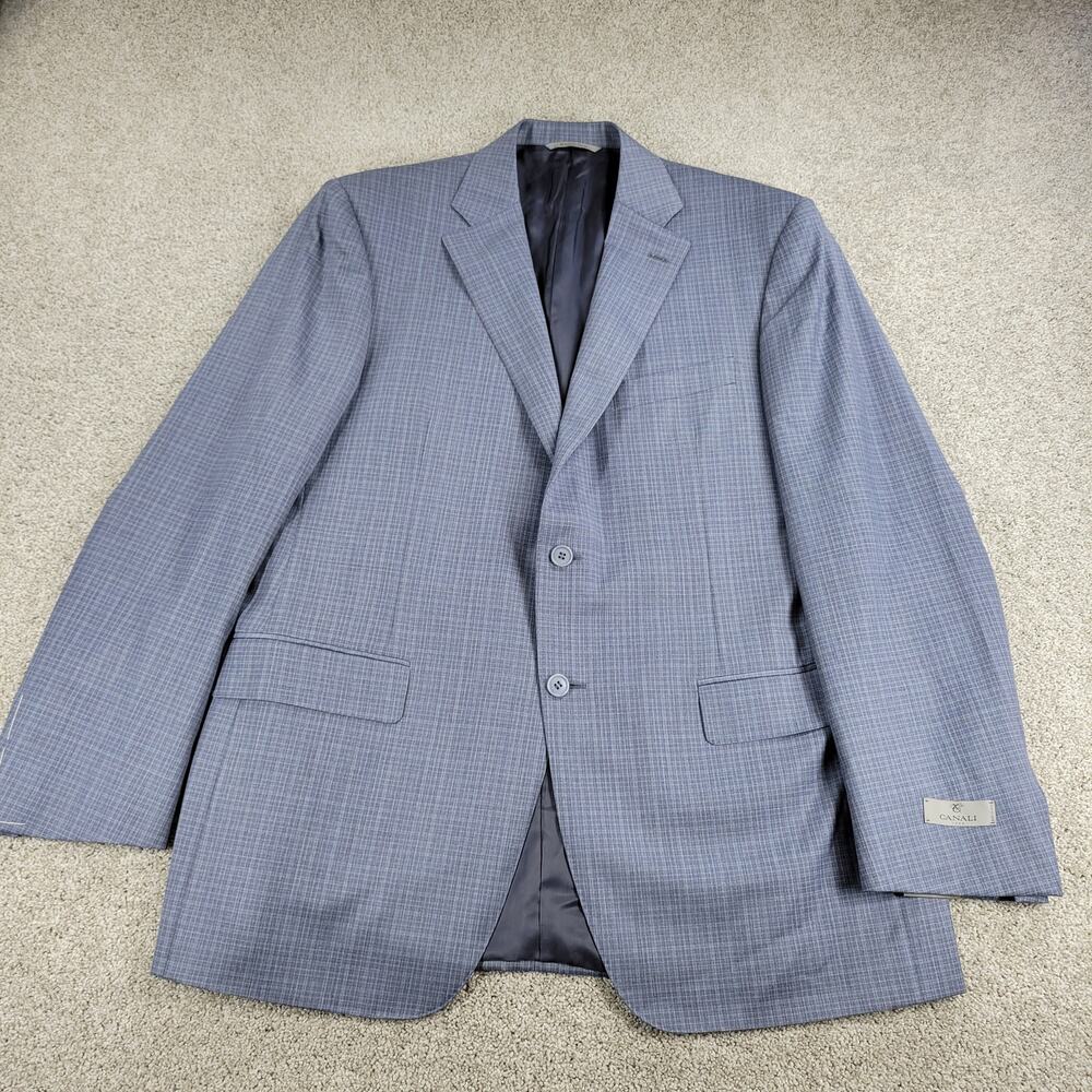 Canali Suit Jacket Mens 54L Steel Blue Wool Cranberry Grid‎ Lined Italy New
